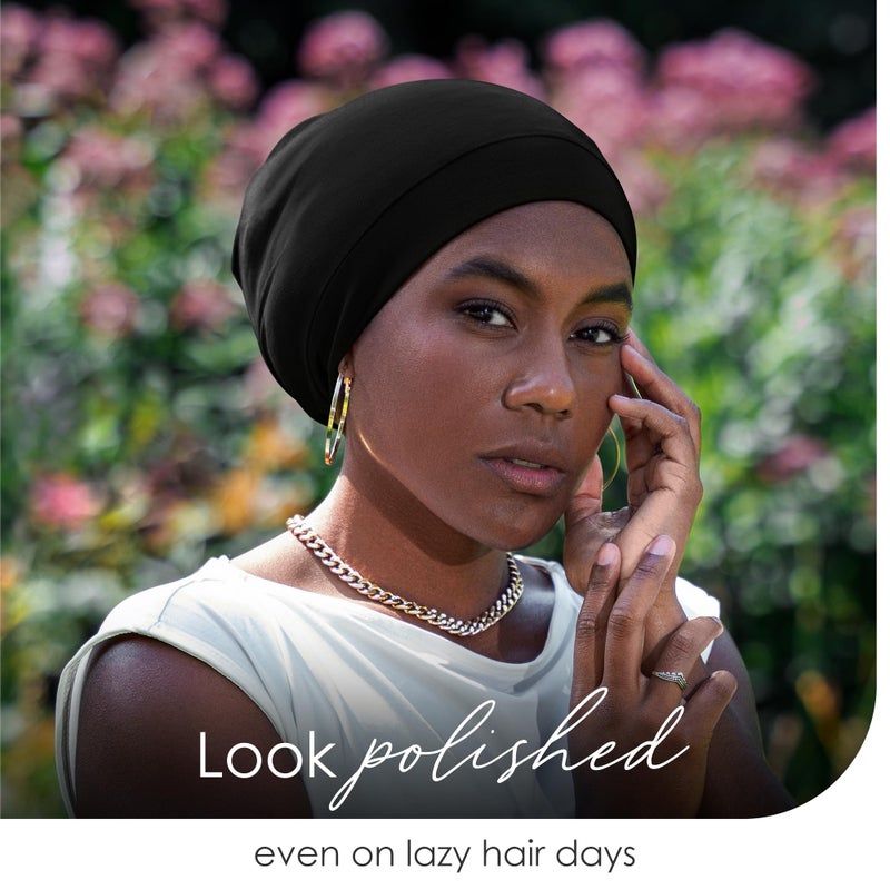CAPLORD Adjustable Satin Bonnet for Men & Women - Satin Beanie for All Hair Types  Perfect as Sleep Bonnet for Curly or Soft Hair - Wrap Sleep Cap Black - Image 5